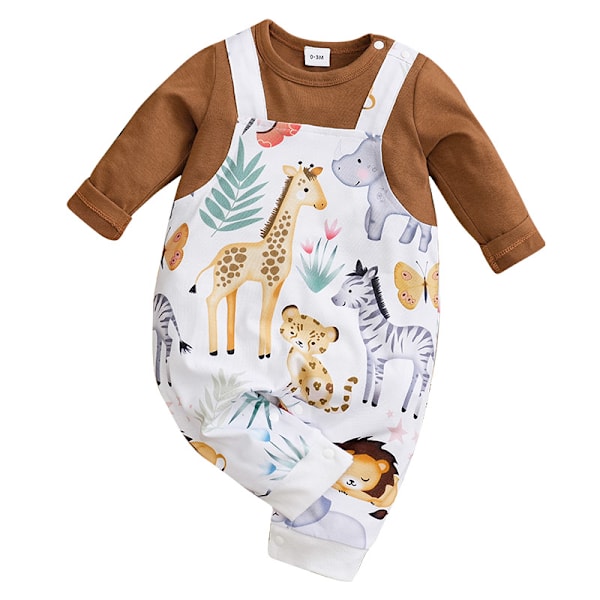 Baby Jumpsuit med Lång Ärm 0-18M, Nyfödd Kläder, Remmar, Cartoon Djurtryck, Avslappnad, Bekväm, Mjuk, Vår & Höst Marrón 12-18M