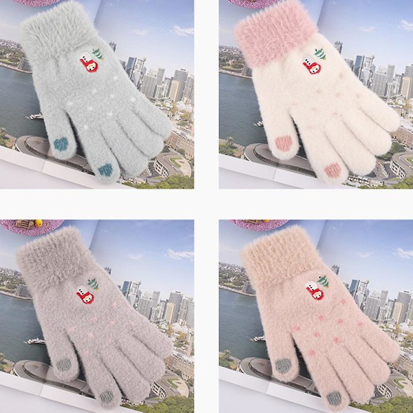 Dam vinter plus sammet tjocka varma för pekskärm handskar söt snögubbe julgran helfingrade stickade skidvantar Pink