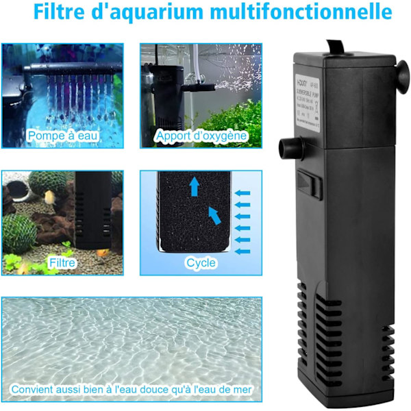 Akvarium Vandstrømsfilter 4W 300L/H Internt Akvariumfilter 60L Akvariumpumpefilter med Filter Svampe til Fisk