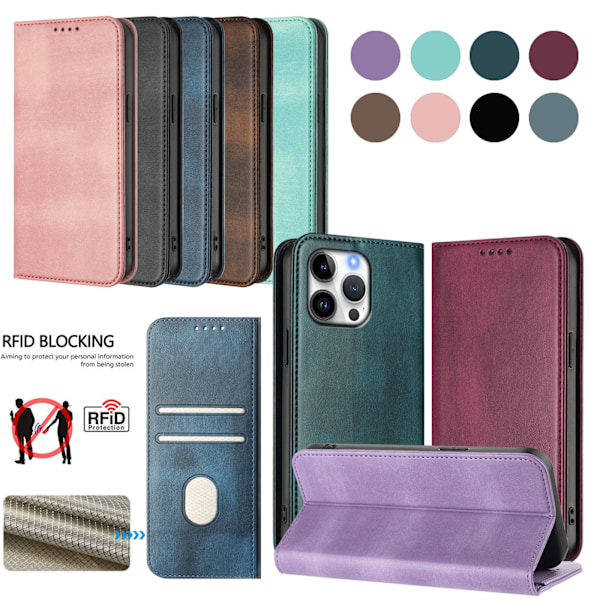 Lämplig för iPhone 15 Pro Max läderfodral retro läder kortplånbok magnetisk sug skyddande skal enfärgad brown