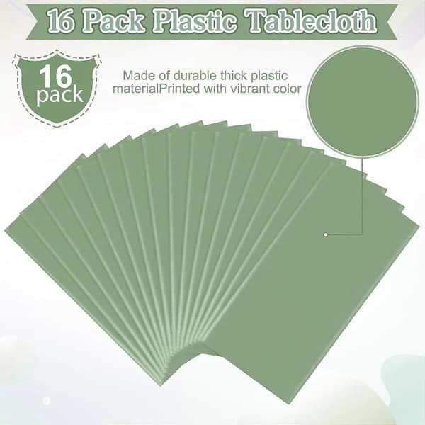 16-pack grågröna plastdukar för rektangulära bord, premium dekorativa salviagröna engångsdukar, rektangulära festdukar för födelsedagar