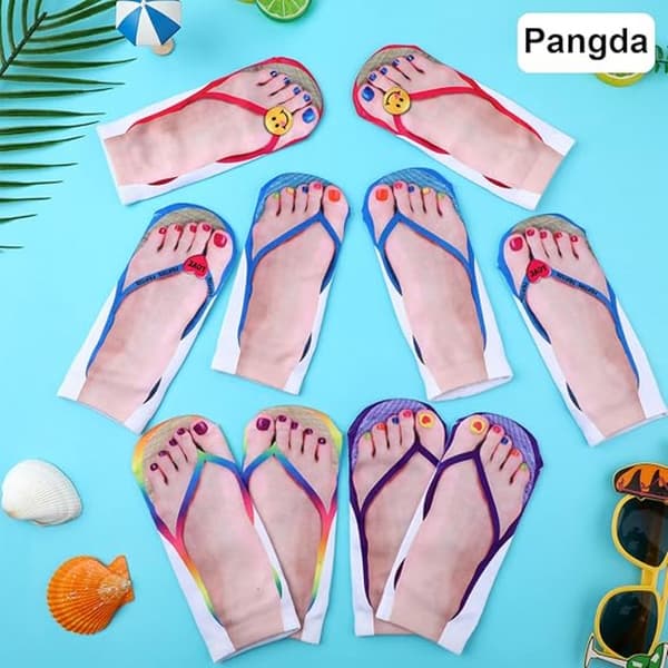 (Frisk stil) 5 par 3D-mønstrede strømper til kvinder, trykte strømper med manikuretryk, flip-flop-strømper, afslappet person
