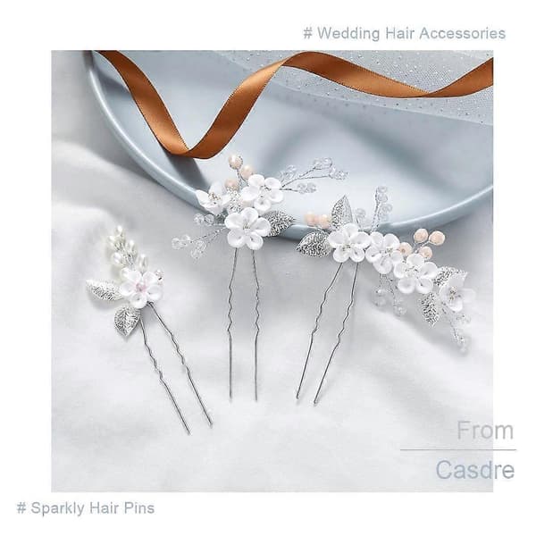 Blomma Brud Hårnålar Pärla Brud Bröllop Håraccessoarer Rhinestone Hårstycke för Kvinnor och Flickor (3-pack) (A Silver) A Silver