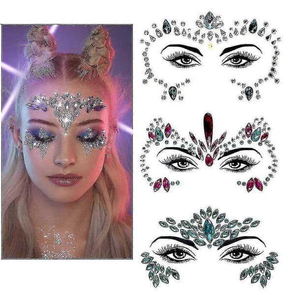 3-pak selvlysende Halloween ansigtsjuveler til cosplay og festlig makeup