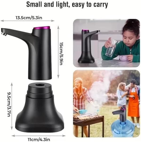 Electric Water Pump with Base, USB Rechargeable Water Dispenser, Portable Automatic Water Pump for Home, Kitchen, Office (Black)