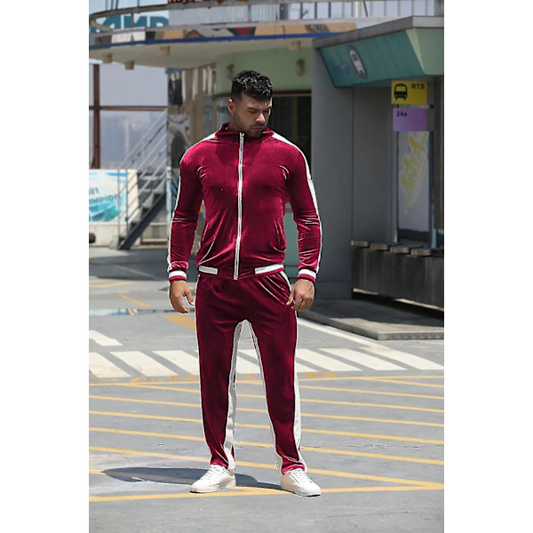 Velour Træningsdragt i Velour: Jogging Træningssæt til Mænd, 2 Dele, Sæt med Lynlås Sweatshirts Jakke Bukser med Lommer Red Large