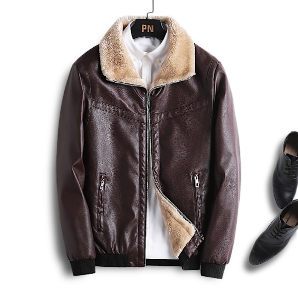 Efterårs- og vinterjakke til mænd i fleece med PU-læder, retro lynlås, vindjakke, bikerjakke, moderigtigt tøj Wine Red M