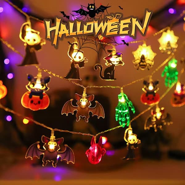 LED Halloween lyskæde til indendørs brug, 2 batterier, 1,5 m, 10 lys, fast 3D-kranium