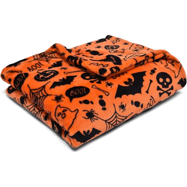 Halloween Fleece Blanket (120 x 150cm) - Super Soft & Cosy Fleece in Orange - Orange Spooky Bats & Skulls Throw Blanket (Snuggy)