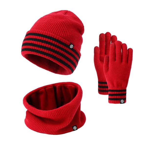 3 st/set Vintermössa Halsduk Handskar Set Randigt Tryck Förtjockat Sammetsfoder Vindtät Varm Mössa Halsduk Pekskärmshandskar Set Red