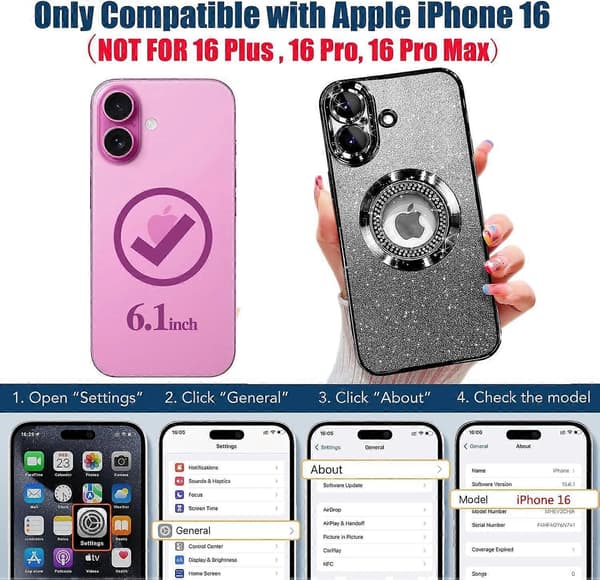Misscase for iPhone 16 Magnetic Glitter Case Compatible with MagSafe, Full Protection Slim Shockproof Anti-Scratch Case with Camera Lens Protector black