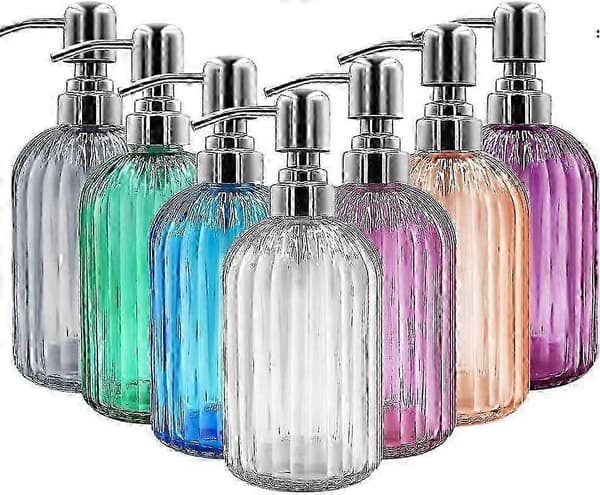 Såpedispenser - 2-pakning 14 Oz glassåpedispenser med rustfri pumpe i rustfritt stål, påfyllbar flytende flaskedispenser, premium håndsåpedispenser