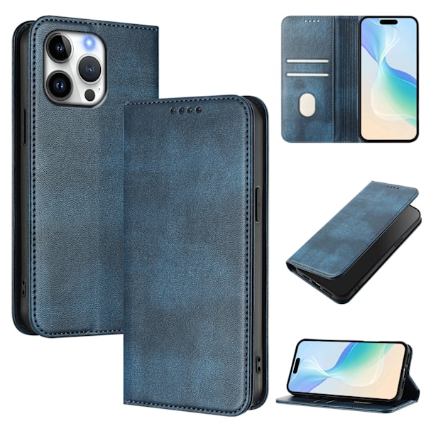 Lämplig för iPhone 15 Pro Max läderfodral retro läder kortplånbok magnetisk sug skyddande skal enfärgad blue