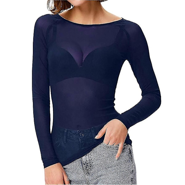 Jul Kvinnor Genomskinlig Långärmad Sömlös Armformare Topp Mesh Skjorta Blus Blue M