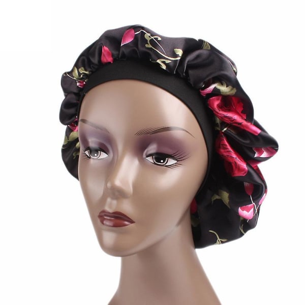 Kvinder Natsovehætter Frizzy Hair Care Bonnet Hat Sleep Head Covers Wrap Black