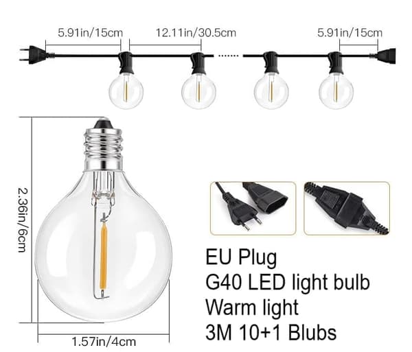 LED String Lights Outdoor 3/7.6/9/15/22/30m – Waterproof String Lights with G40 Bulbs for Garden & Patio