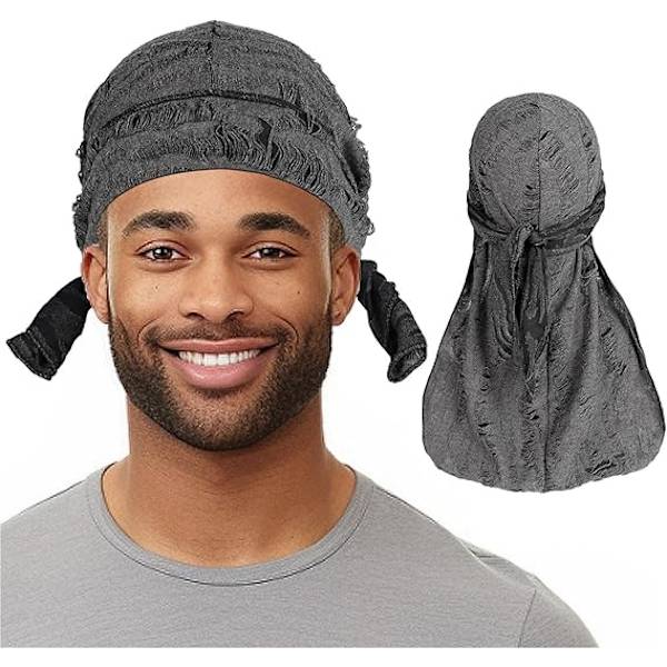 2 kpl Durag-hattu miehille, silkkinen satiini Durag pitkä häntä merirosvo aalto lippalakki Durag rikottu sulka turbaani päähine