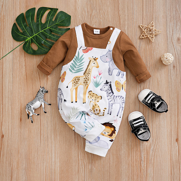 Baby Jumpsuit med Lång Ärm 0-18M, Nyfödd Kläder, Remmar, Cartoon Djurtryck, Avslappnad, Bekväm, Mjuk, Vår & Höst Marrón 9-12M