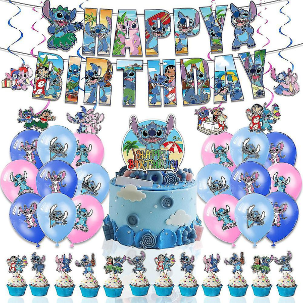 Lilo & Stitch tema tegneserie lateks ballonger Kit, Gratulerer med bursdagsfest dekorasjoner for barn Banner Cake Toppers Kit