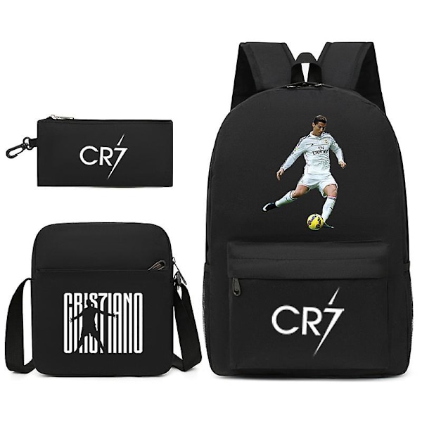 Ryggsekk med fotballstjerne Ronaldo (CR7) trykk. Det er en tredelt ryggsekk for venstre- og høyrehendte elever. Svart 2 Black 2 threepiece suit