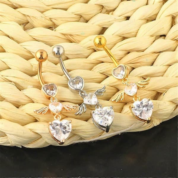 14G Hjerte Dingle Navlepiercinger for Kvinner 316L Rustfritt Stål Englevinger Navlering Navle Barbell Studs Dinglende Kroppspiercing