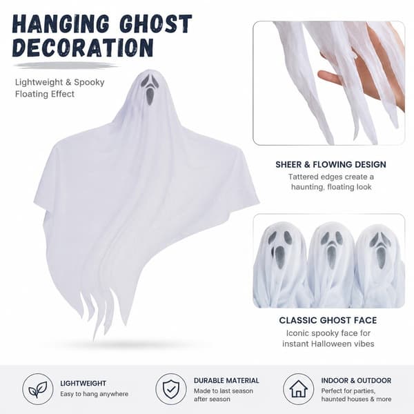 Hanging Ghosts Halloween Decorations, 3-pack, White, 75cm, Fabric, Indoor Outdoor
