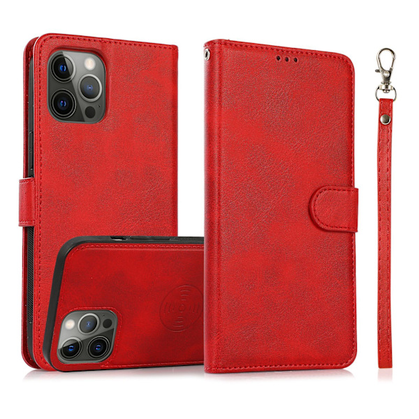 Sopii iPhone 13 Pro Max -puhelimelle, kaksi-yhdessä, jaettu nahkainen puhelinkotelo, valokuvakehys, lompakkomalli kaulanauhalla red
