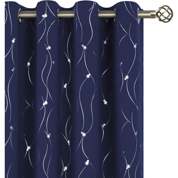 Marinblå mörkläggningsgardiner 84" lång 2-panelshylsa Isolerade rumsmörkläggningsgardiner med våglinje och print sovrum, 52 x 84"