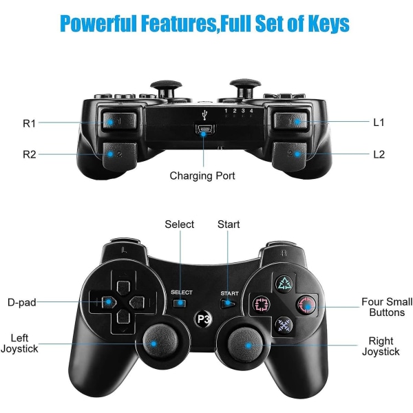 PS3 Controller, Trådløs Controller til PS3 Bluetooth Joystick Gamepad til PS3 med Dual Vibration Seksakset fjernbetjening