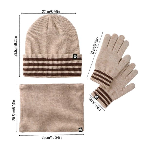 3 st/set Vintermössa Halsduk Handskar Set Randigt Tryck Förtjockat Sammetsfoder Vindtät Varm Mössa Halsduk Pekskärmshandskar Set Beige
