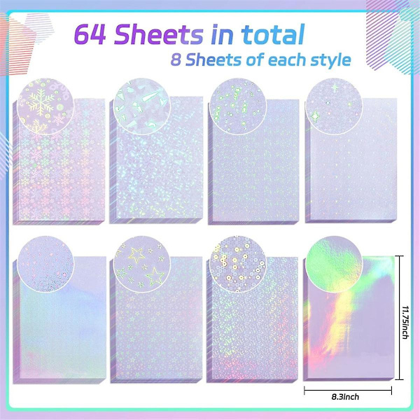 Vinyyli 64 arkin holografiset tarraarkit, kirkkaat vinyylitarralevyt, 8,25 x 11,7 tuuman kalvolaminaatti