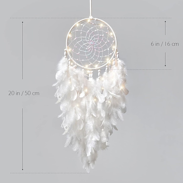 LED Drømmekatcher til Børn Væghængning Hvid Fjer Drømmekatcher med Lysperler Boho Dekoration Vævet Kunst Ornament Håndlavet Gave til Børneværelse