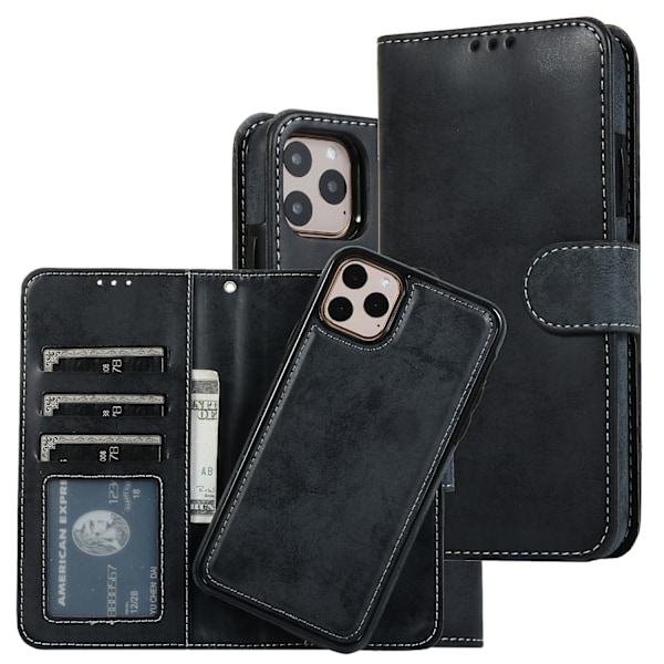 Sopii IPhone 13 Pro Max -puhelimelle, retro himmeä kaksi-yhdessä korttipaikalla varustettu jaettu nahkakotelo black