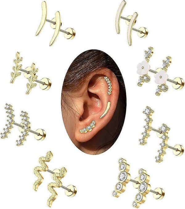 16 stk. 20G bruskøreringe med flad bagside piercing smykker til kvinder guld sølv allergivenlige rustfrit stål blomsterstud helix øreringe daith conch pi