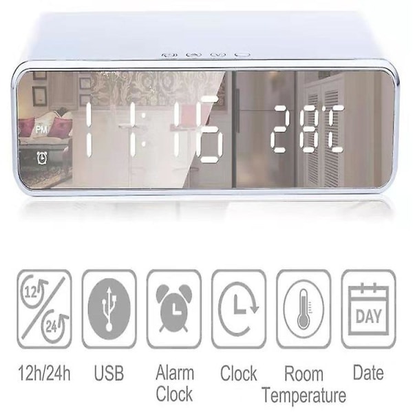 Termometer Trådlös laddning Multifunktionell Desktop Time Clock Spegel LED Digital Display Trådlös laddning