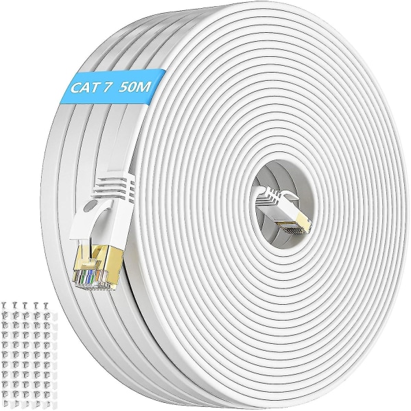 Ethernet-kabel 50m Cat 7, høyhastighets flat internettkabel ekstra lang 50 meter hvit LAN-kabel Gigabit Rj45 patchkabel Ftp-skjermet nettverkskabel 165f