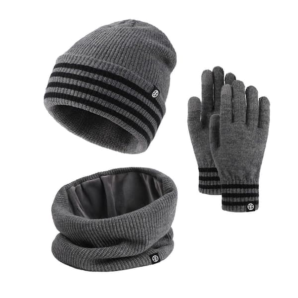 3 st/set Vintermössa Halsduk Handskar Set Randigt Tryck Förtjockat Sammetsfoder Vindtät Varm Mössa Halsduk Pekskärmshandskar Set Grey