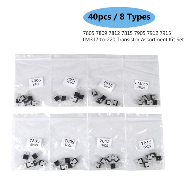 40st 8 typer 7805 7809 7812 7815 7905 7912 7915 LM317 till-220 Transistor Sortiment Kit Set