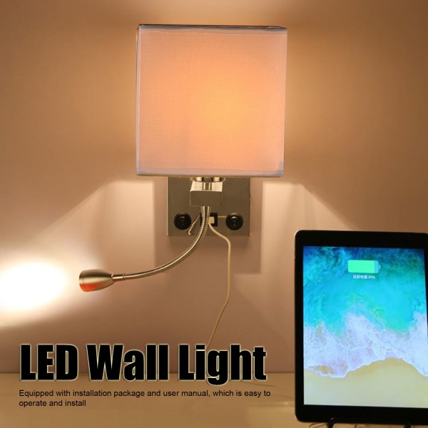 LED-vägglampa Modernt tyg lampskärm USB läslampa vid sängbord i sovrummet E27 100‑240V