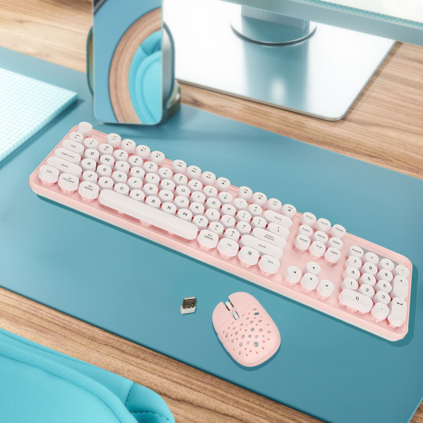 Trådlöst tangentbord och muskombination Pure Color Retro 2.4G trådlös tangentbordsmus med runda knappsatser och numeriskt tangentbord Rosa kort