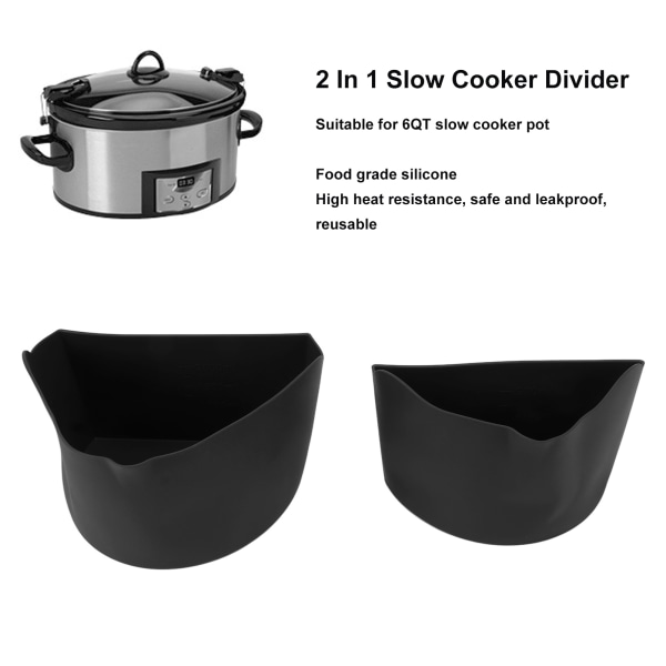 2 i 1 Slow Cooker Divider Återanvändbar matklassad silikonkokarfoder med lyfthandtag för 6 Quarts Pot Svart