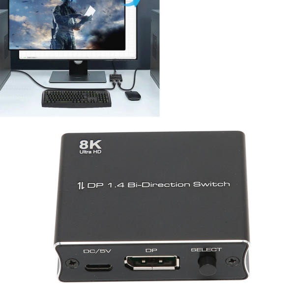 Displayportswitch 8K vid 30Hz 4K vid 120Hz 1080P vid 240Hz 2 in 1 ut eller 1 in 2 ut dubbelriktad DP 1.4 switch