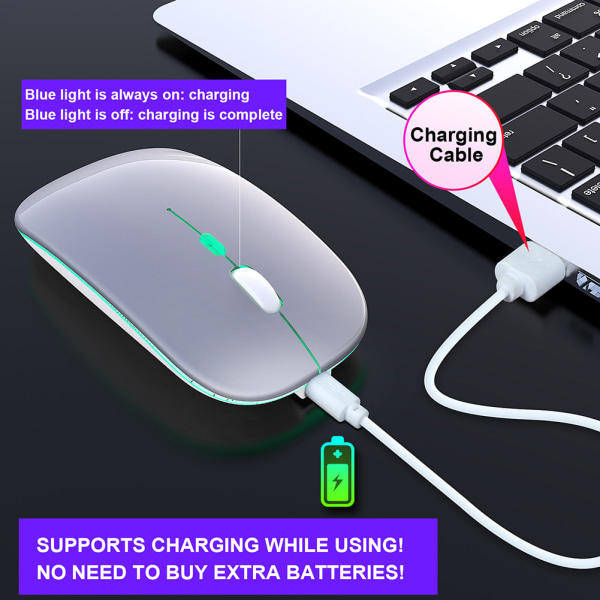 Trådlös mus 2.4G Uppladdningsbar USB Trådlös spelmus med LED Färgglada Ljussilver
