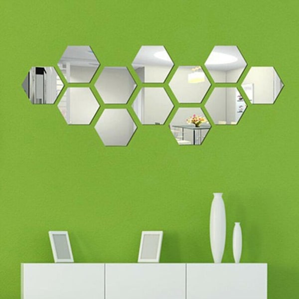 12ST Hexagon Mirror Väggdekal 3D Akryl Dekor Spegel Väggdekal för Matsal Hall Slitstark Praktisk Heminredning