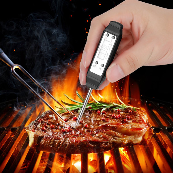 Bärbar digital termometer av penntyp med lång sond för matlagning i köket BBQ Kött Fry Mat MjölkSvart