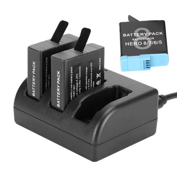 AHDBT-801 svart uppladdningsbart batteri med 3-kanals laddare för GoPro Hero 8/7/6/5