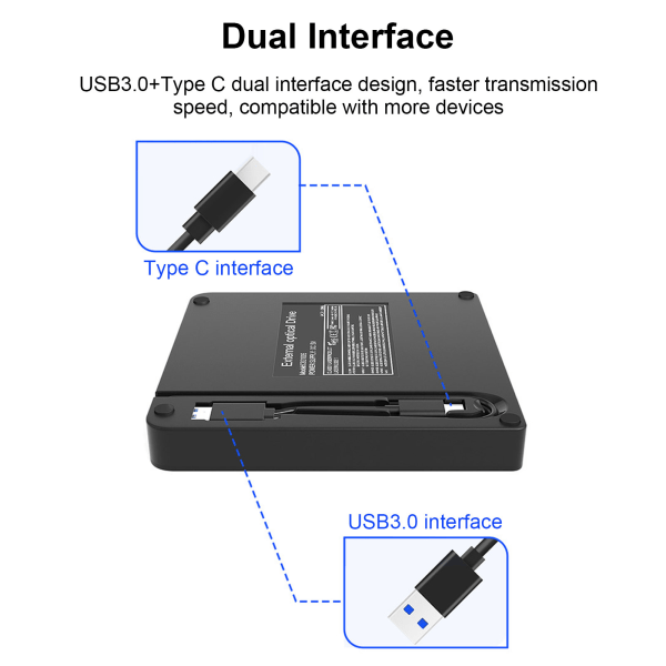 Extern CD DVD-enhet USB3.0 Typ C Dubbelt gränssnitt Tyst Snabb överföring CD DVD-brännare för bärbar dator
