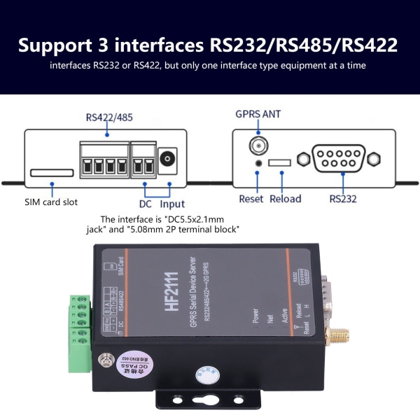 GPRS seriell enhetsserverkonverterare seriell till RS232/422/485 för TCP/UDP DC9‑36V HF‑2111