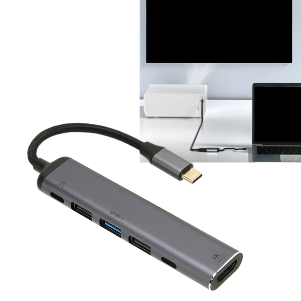 USB C-dockningsstation 7-i-1 flätad tråd 100W 4K-stödd multifunktions- USB C-hubb för bärbar stationär surfplatta