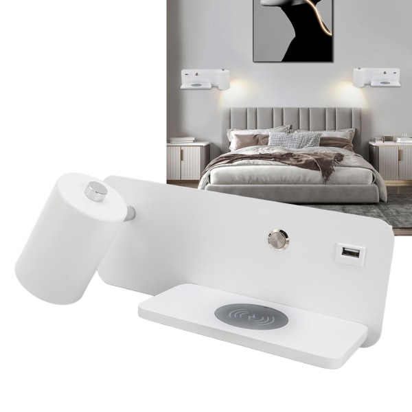 LED-vägglampa USB -gränssnitt Trådlös laddning LED-vägglampa för sovrum i vardagsrummet 85‑265V Vit Vänster